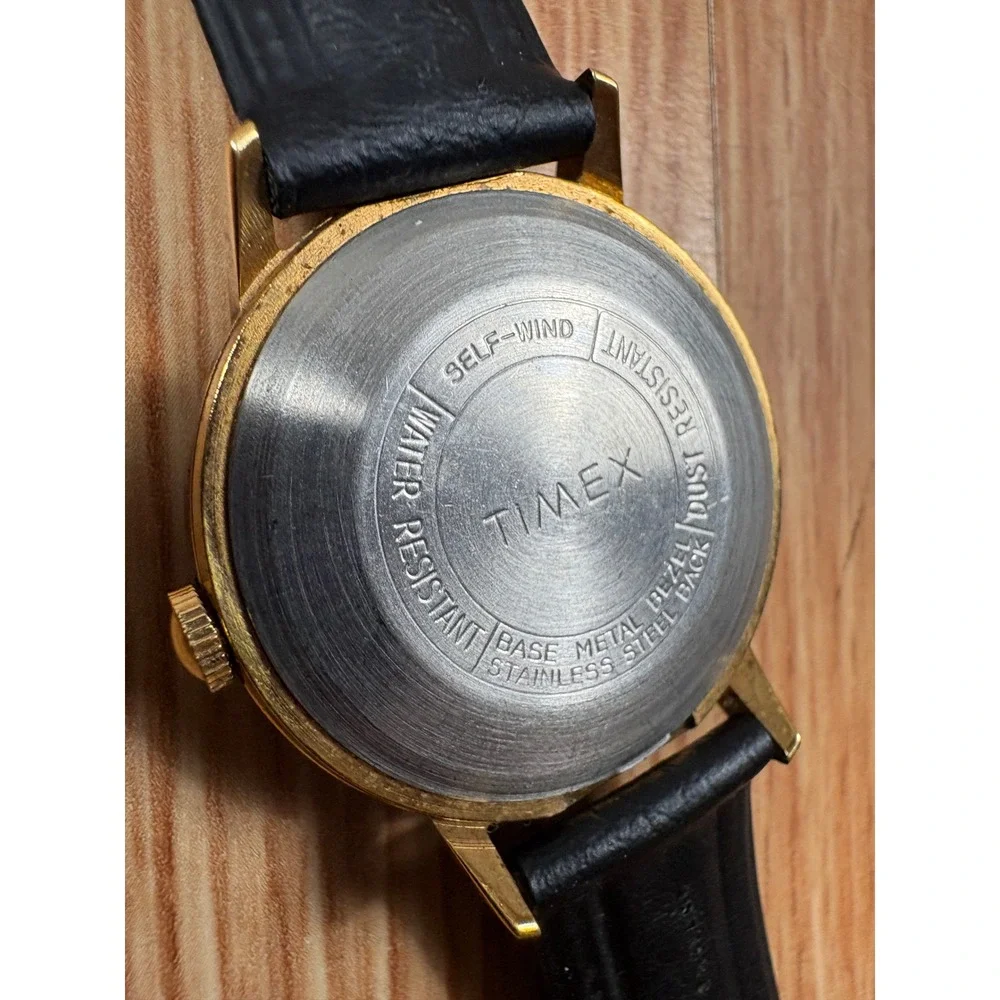 Vintage Timex Automatic Watch Gold Tone Date Window 46561 03274 Black Strap